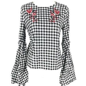 Chloe & Katie Plaid Bell sleeve embroidered shirt